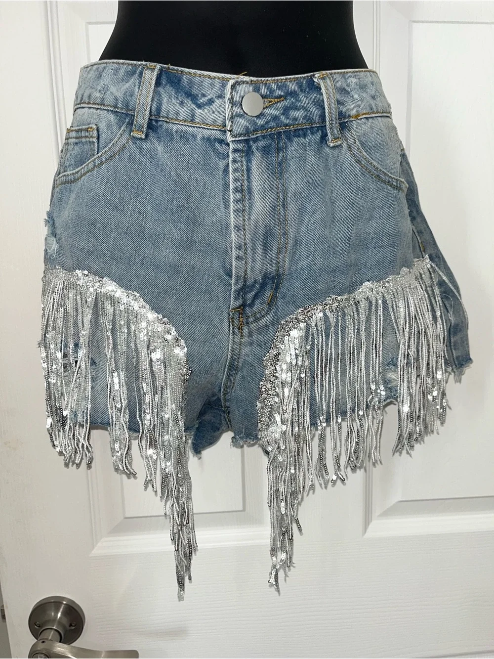 Denim Fringe Sequin Short - Silver Detail
